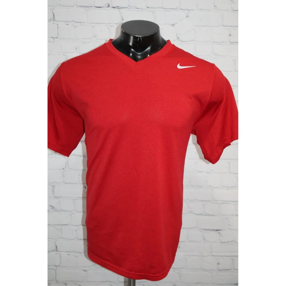 Nike T-Shirt Mens Large Red Dri-Fit V-Neck Swoosh Activewear Gym Workout